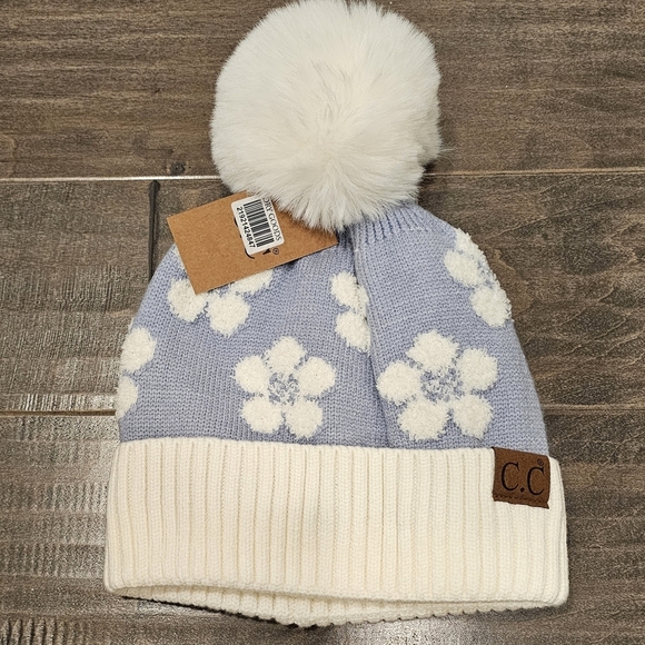 New C.C Women's Flowered Beanie with Pom - Picture 3 of 5